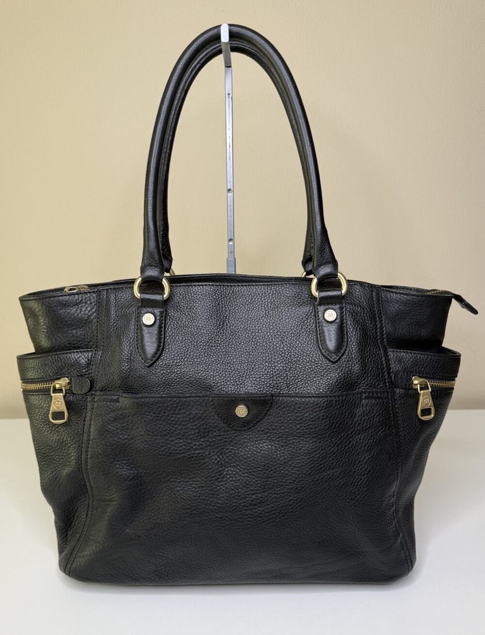 Massimo Dutti Tote Large Black Pebbled Leather Dual Handle Zip Top Lined Bag